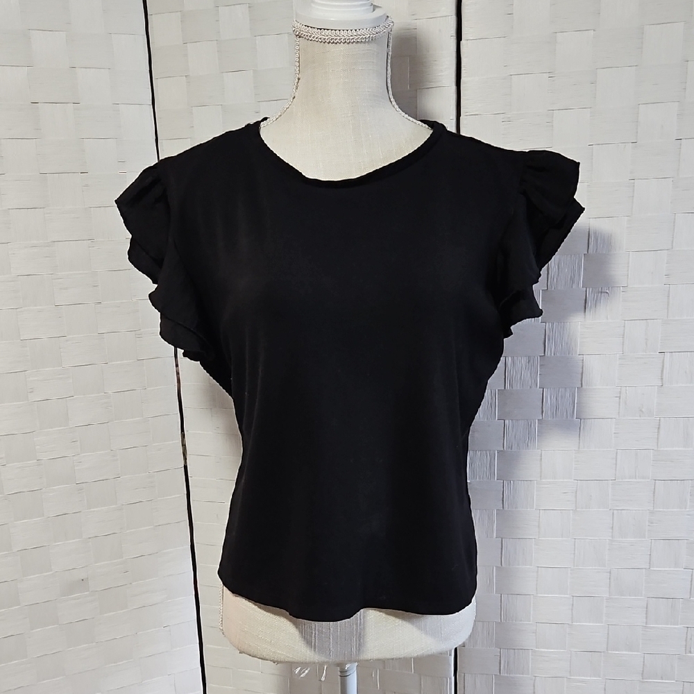 Vince Camuto Size L (Petite)- Women's Black Flutter Sleeve Top